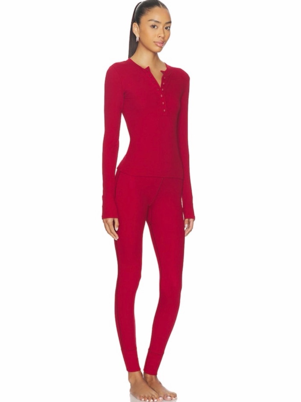 Skims Cotton Ribbed Pajama 2-Piece Set In Brick - Picture 2 of 3